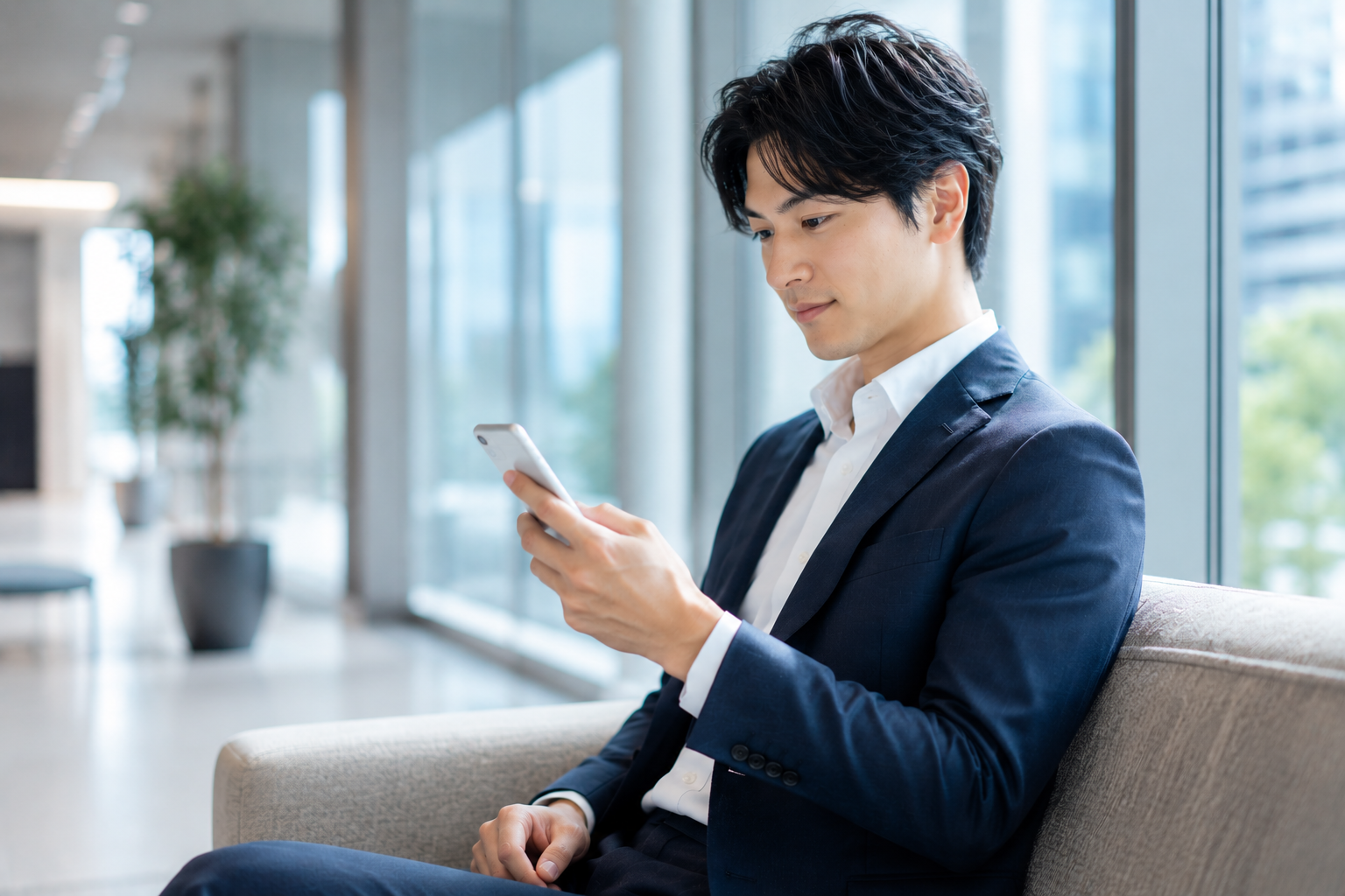 スマートフォンでBitradeXを操作するビジネスパーソン